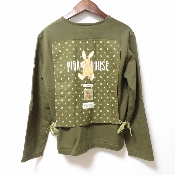 #apc ピンクハウス PINKHOUSE カーディガン M カーキ スナップボタン ゼッケン うさぎ ロゴ レディース [843060]_画像2