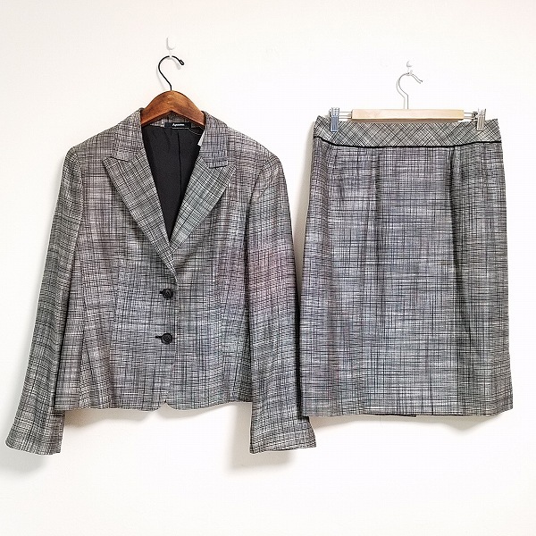 #anc アクアスキュータム Aquascutum スカートスーツ 15 黒 白 ツーピース 総柄 大きいサイズ 麻混 シルク混 レディース [842917]_画像1