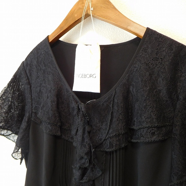#snc Ingeborg INGEBORG shirt * blouse 11 black short sleeves race frill ribbon see-through lady's [834589]