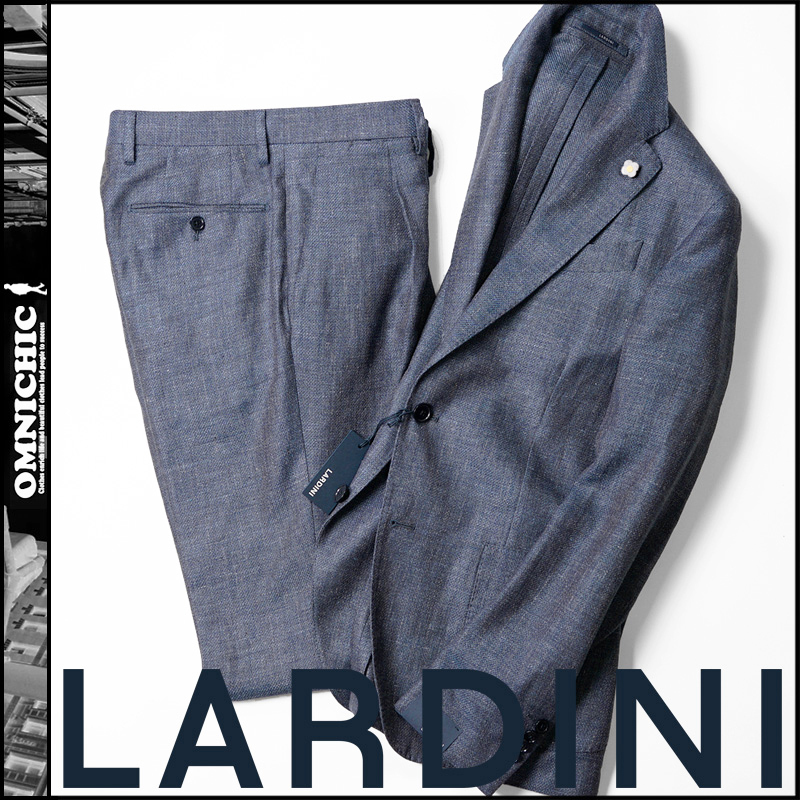 極上の艶リネンシルク■22春夏■新品19万【LARDINI】ラルディーニ/ブルー系光沢が爽やか2Bソリッドテーラードスーツ46ジャケットパンツ麻の画像1