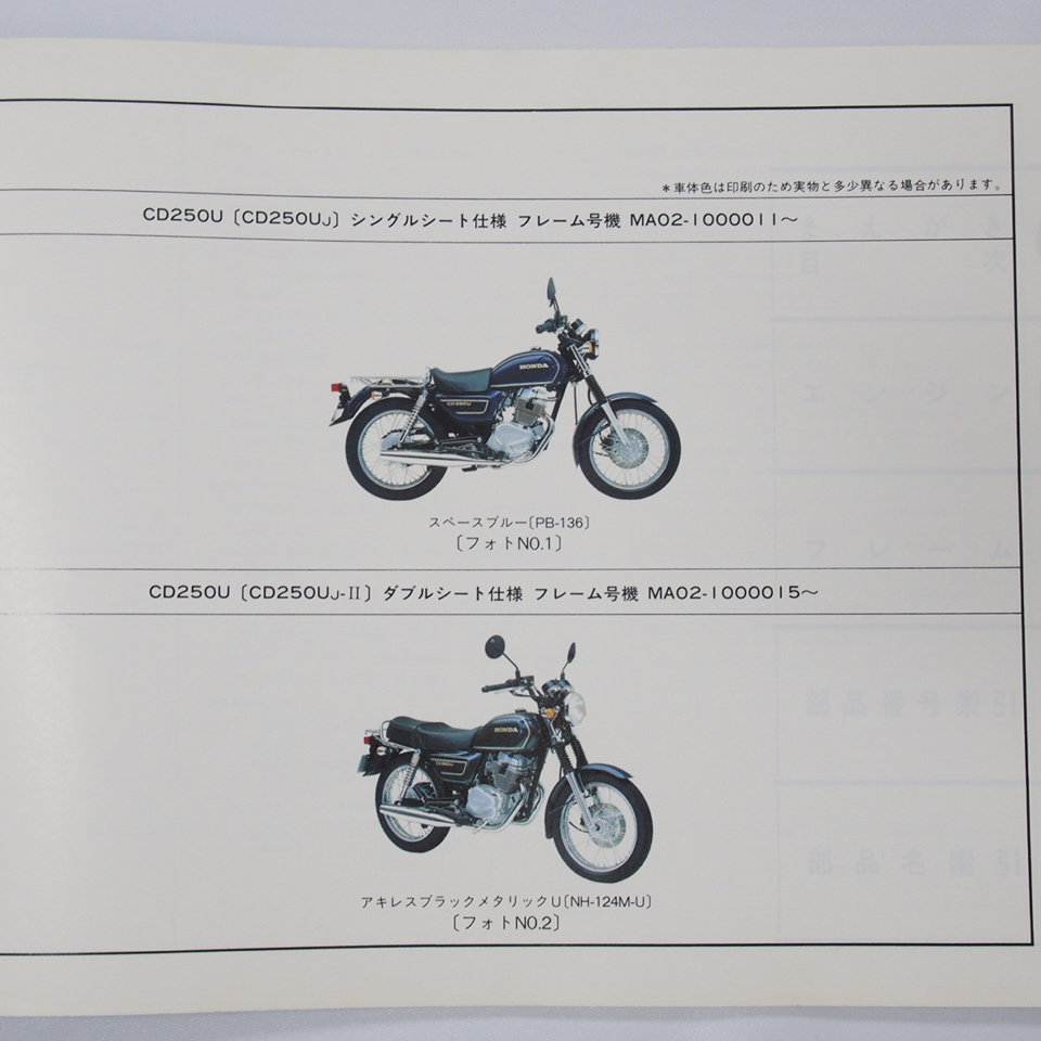 2版CD250UパーツリストMA02-100ホンダ昭和63年8月発行CD250UJ/UJ-2_画像2