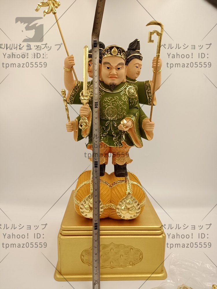 極上品 総檜材 木彫仏像 仏教美術 精密細工 仏師で仕上げ品　切金 彩色 三面大黒天立像 高さ40cmのサムネイル