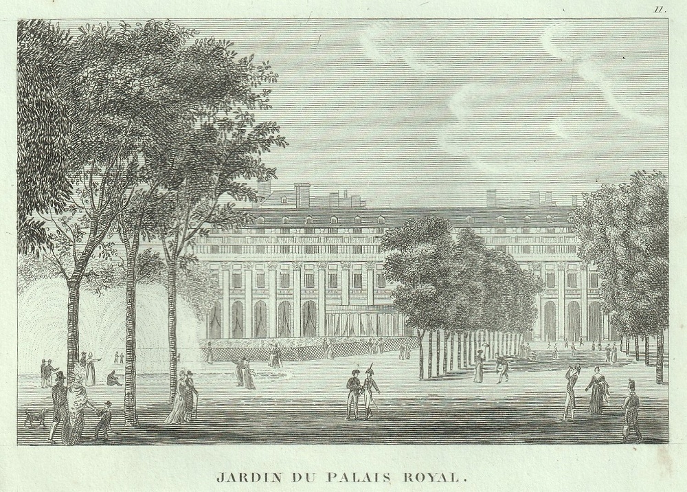 1818 year Paris . most . beautiful . dono 60. copperplate engraving pare*ro wire ru garden Jardin du Palais Royal