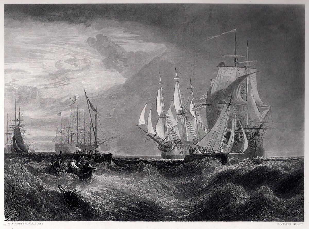 1865年 ターナー 鋼版画 Turner Gallery スピットヘッド ポーツマス港に入る拿捕された二隻のデンマーク船 Spithead_画像2