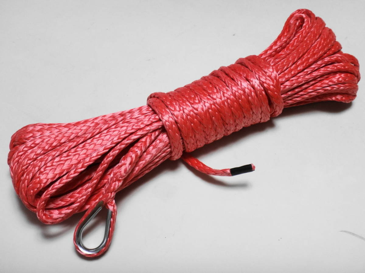 送料無料。6mmＸ長さ15ｍ （赤）ウインチ用シンセティック ファイバー ロープ。 ジムニー ランクル レスキュー 水上バイク トレーラー 