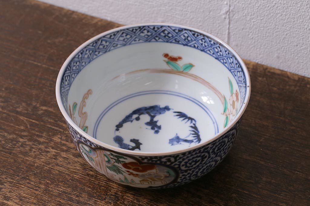 R-041333 アンティーク雑貨 江戸期 古伊万里 蛸唐草窓絵深皿(色絵深鉢