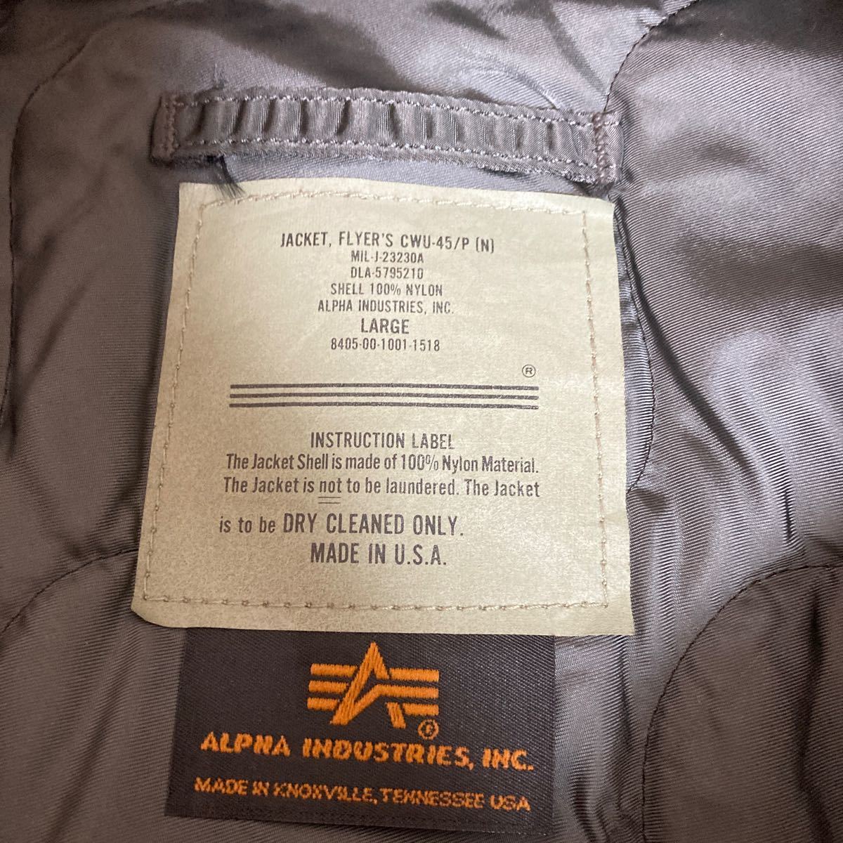 USA製 ALPHA INDUSTRIES CWU-45P フライトジャケット Lサイズ MA-1 フライトジャケット アルファ ミリタリー ジャケット_画像6