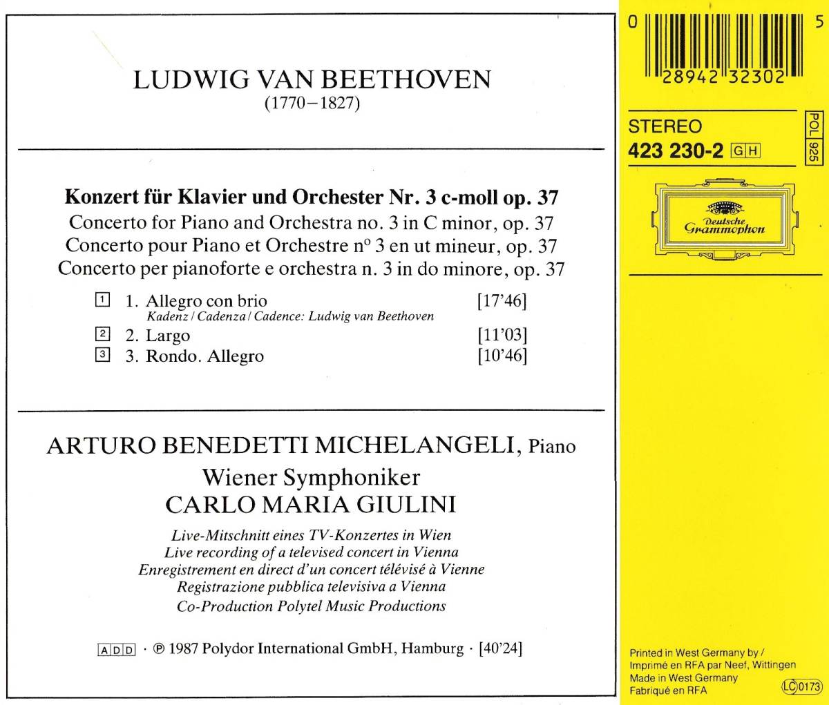 廃盤超希少 初期西独盤 ミケランジェリ ジュリーニ ウイーン・フィル ベートーヴェン ピアノ協奏曲 第3番 Op.37 _画像2