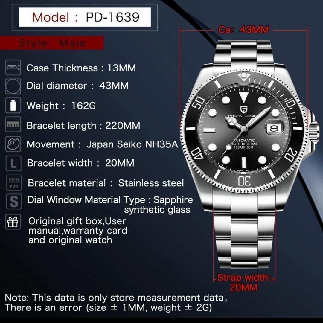 【新品】パガーニデザイン PD-1639 自動巻き 腕時計メンズ ダイバーズ ブラック ビッグフェイス/Pagani Design サブマリーナ オマージュ _画像10