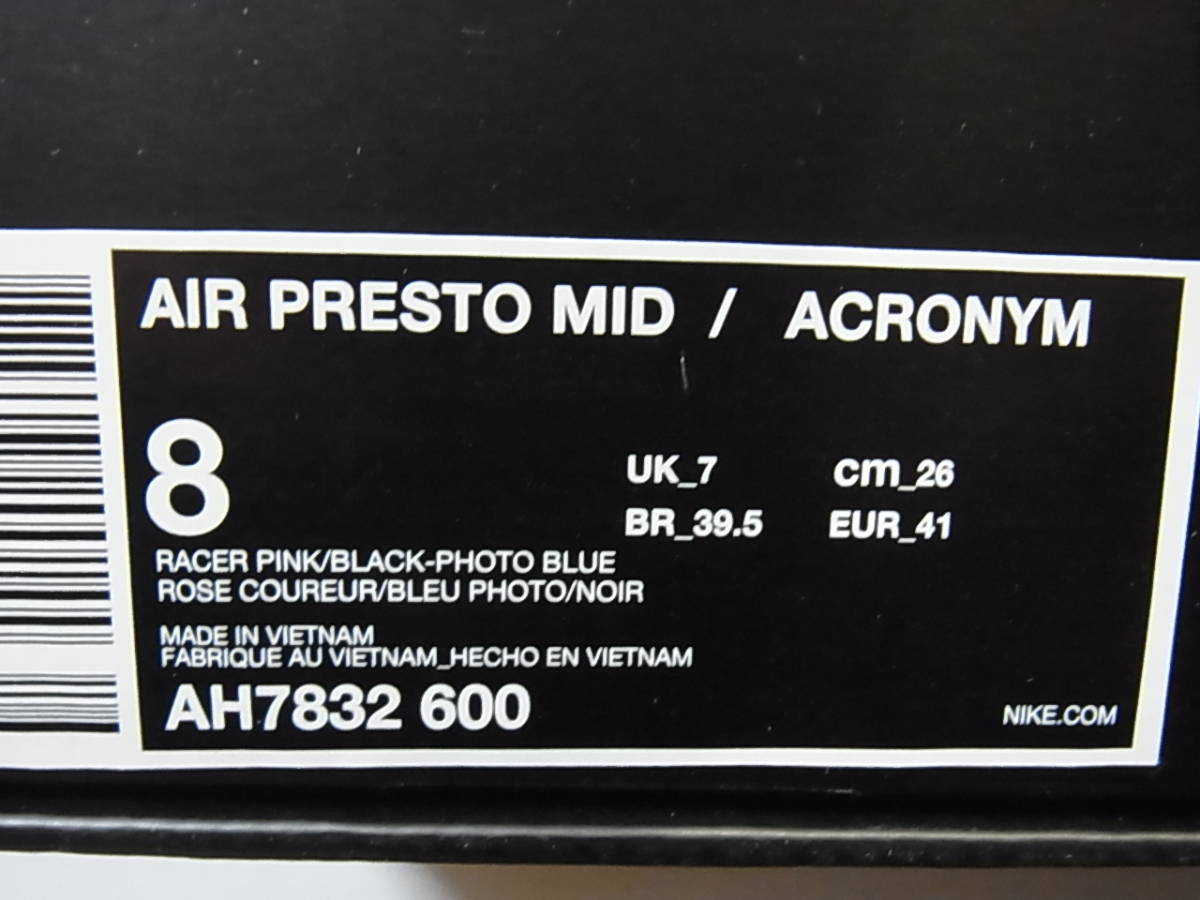 国内新品 NIKE AIR PRESTO MID ACRONYM RACER PINK BLACK PHOTO BLUE ナイキ プレスト ミッド ピンク ブラック ブルー 26cm US8 AH7832-600_画像10