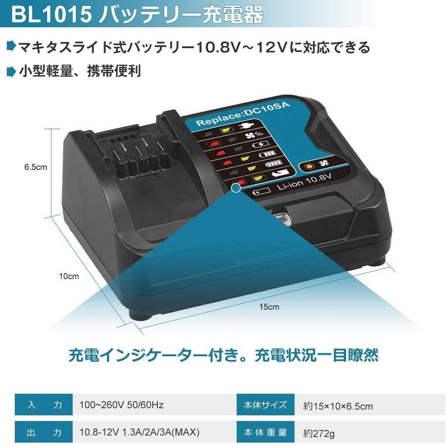 (A) マキタ makita 互換 DC10SA + BL1015 (1個+1台) 充電器 + バッテリー セット BL1040 BL1040B BL1060 DC10WD 等対応 ハイパワー タイプ_画像8