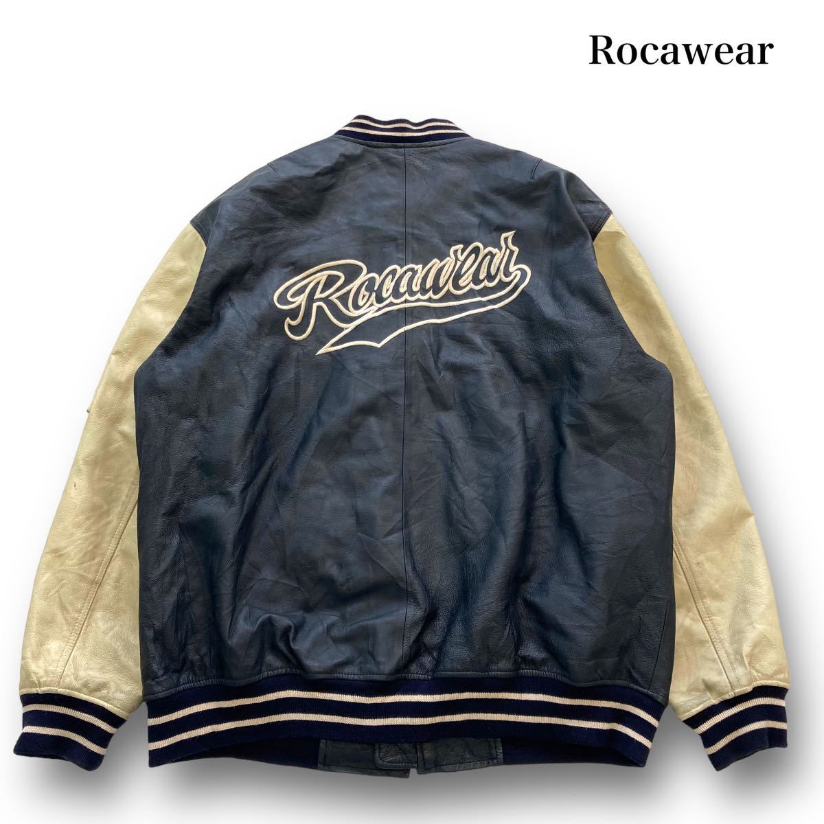 【Rocawear】ロカウェア オールレザージャケット スタジャン 刺繍ロゴ ジップジャケット デカロゴ オーバーサイズ 切り替え ブラック 2XL