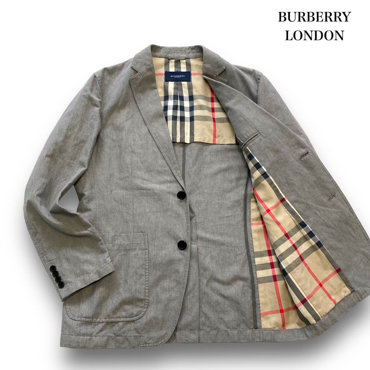 【BURBERRY LONDON】バーバリーロンドン メガチェック リネン混 テーラードジャケット ノバチェック 麻 グレー 三陽商会 2ボタン 灰色  (L)