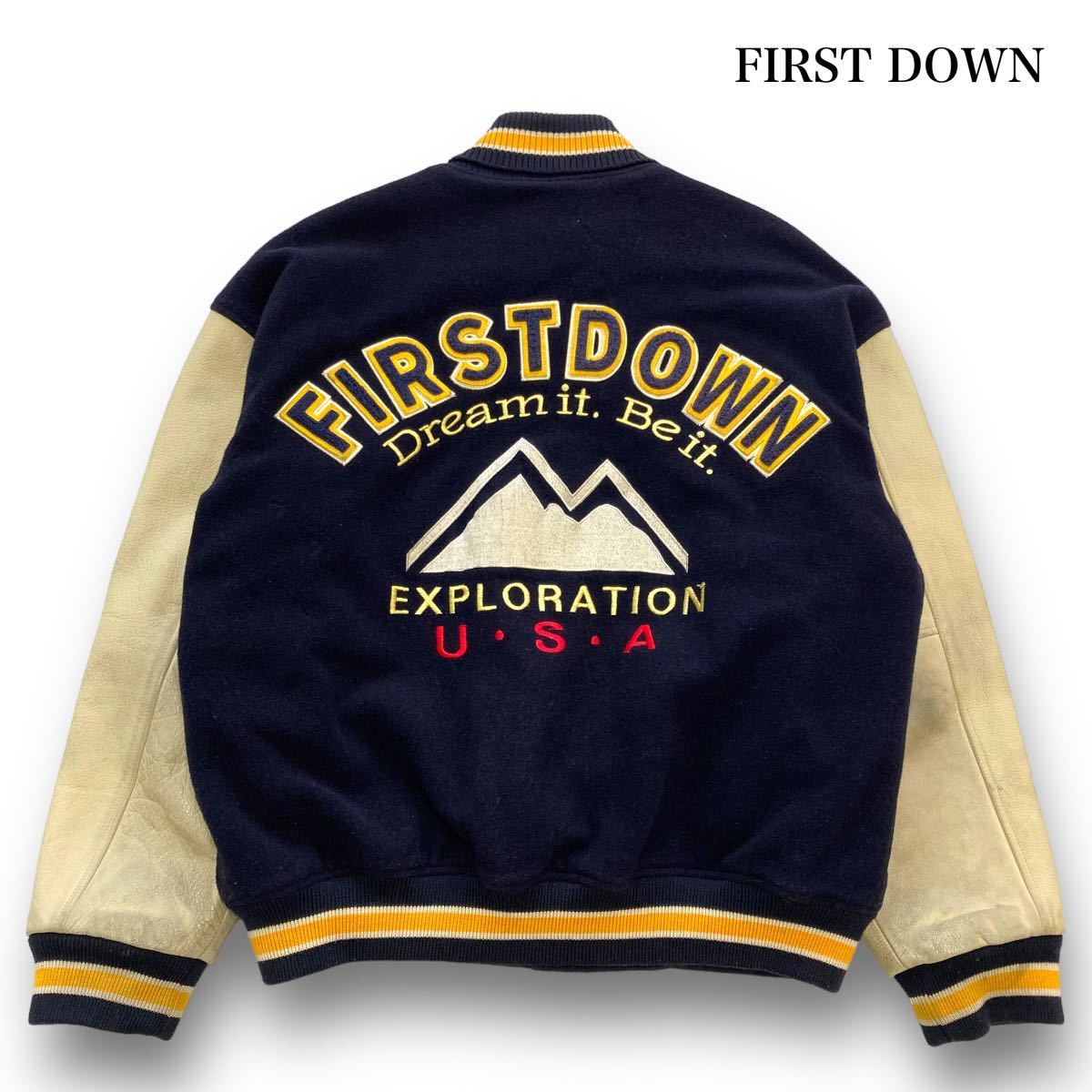 [FIRSTDOWN] First down рукав кожа куртка арка Logo вышивка рукав кожа переключатель 90s 90 годы Vintage куртка с логотипом темно-синий (L)