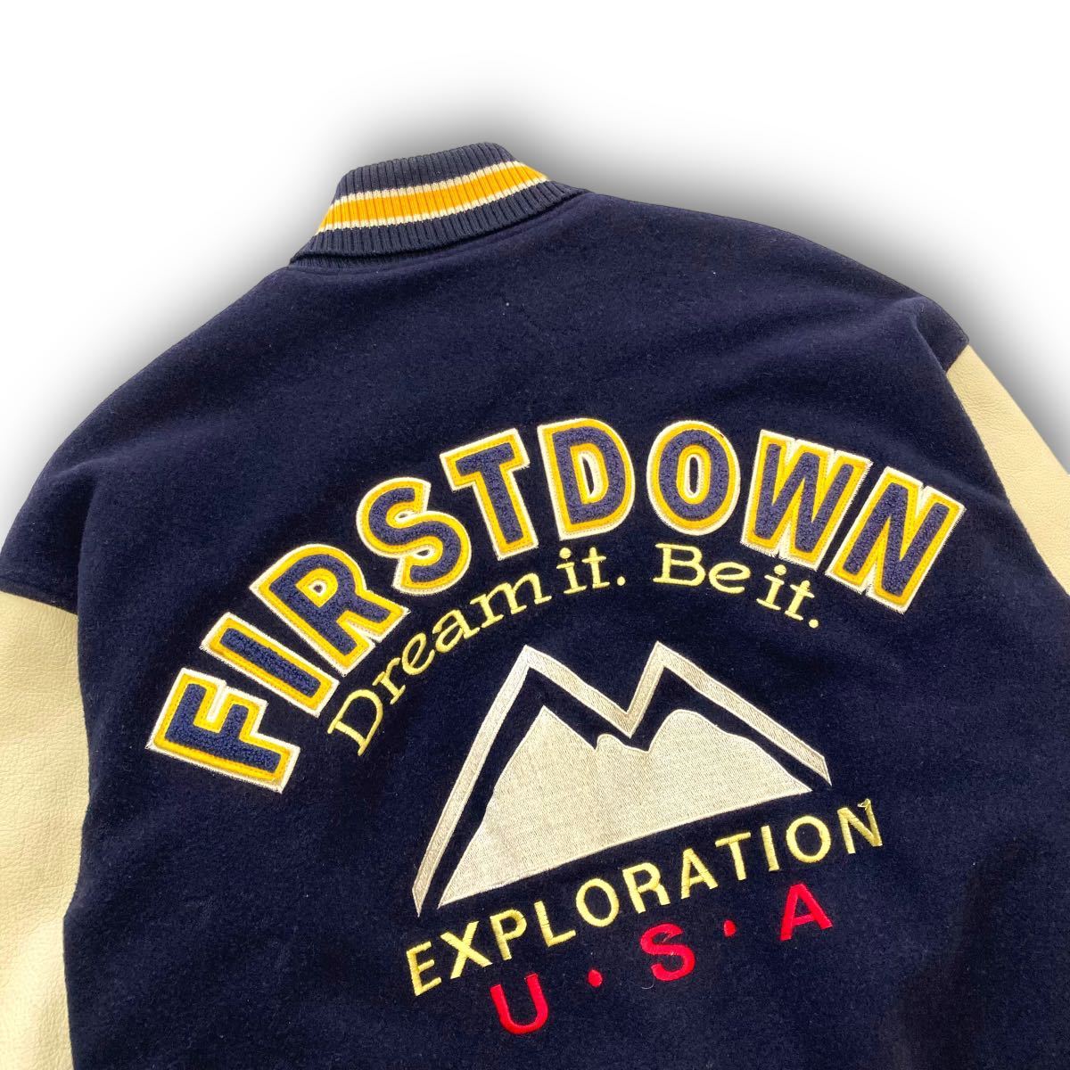 【FIRSTDOWN】ファーストダウン 袖レザー スタジャン アーチロゴ刺繍 袖革 切り替え 90s 90年代 ヴィンテージ スタジアムジャンパー 紺 (L)_画像10