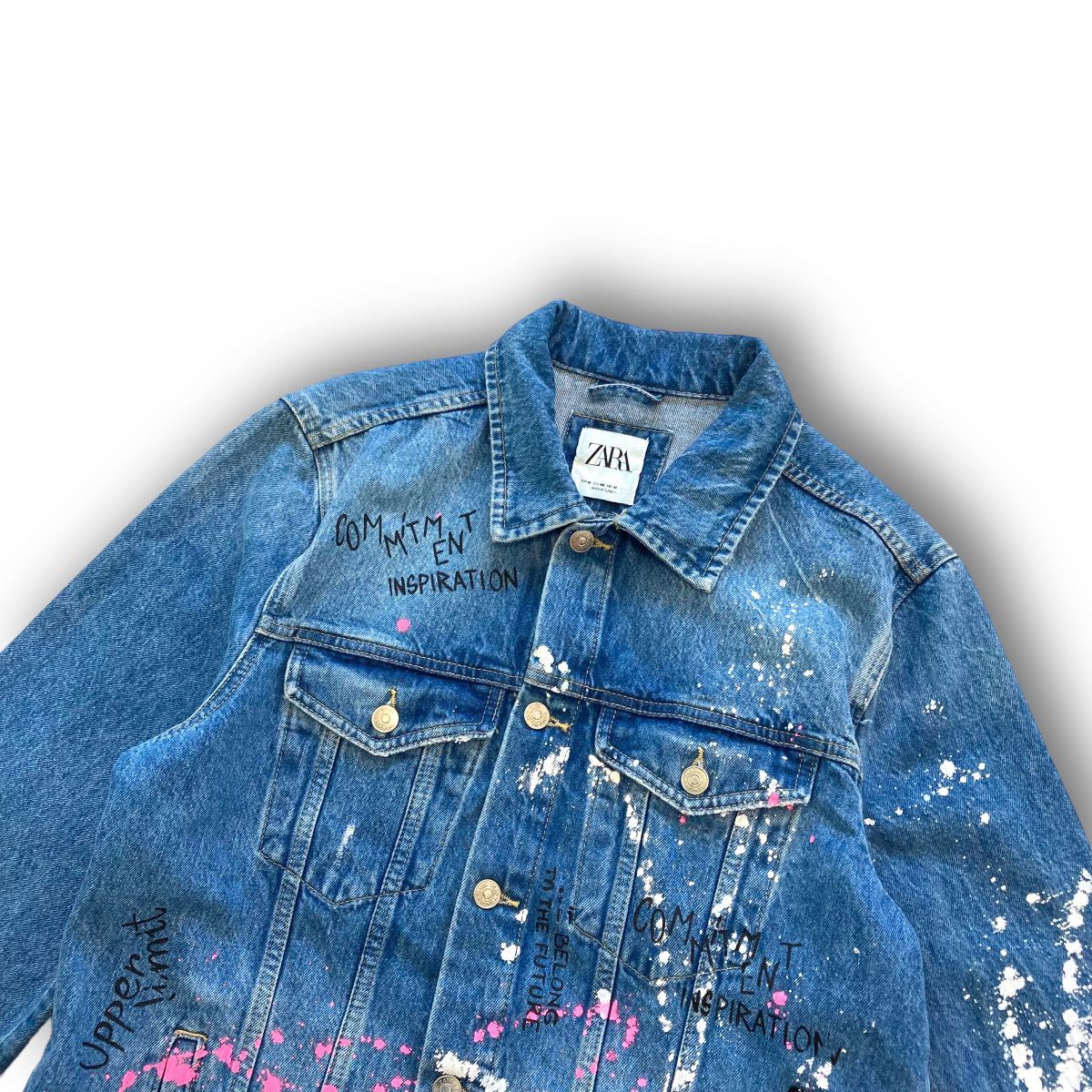 ZARA】ザラ 落書きペイント デニムジャケット ダメージリペア ZARA】ザラ 落書きペイント デニムジャケット ダメージリペア