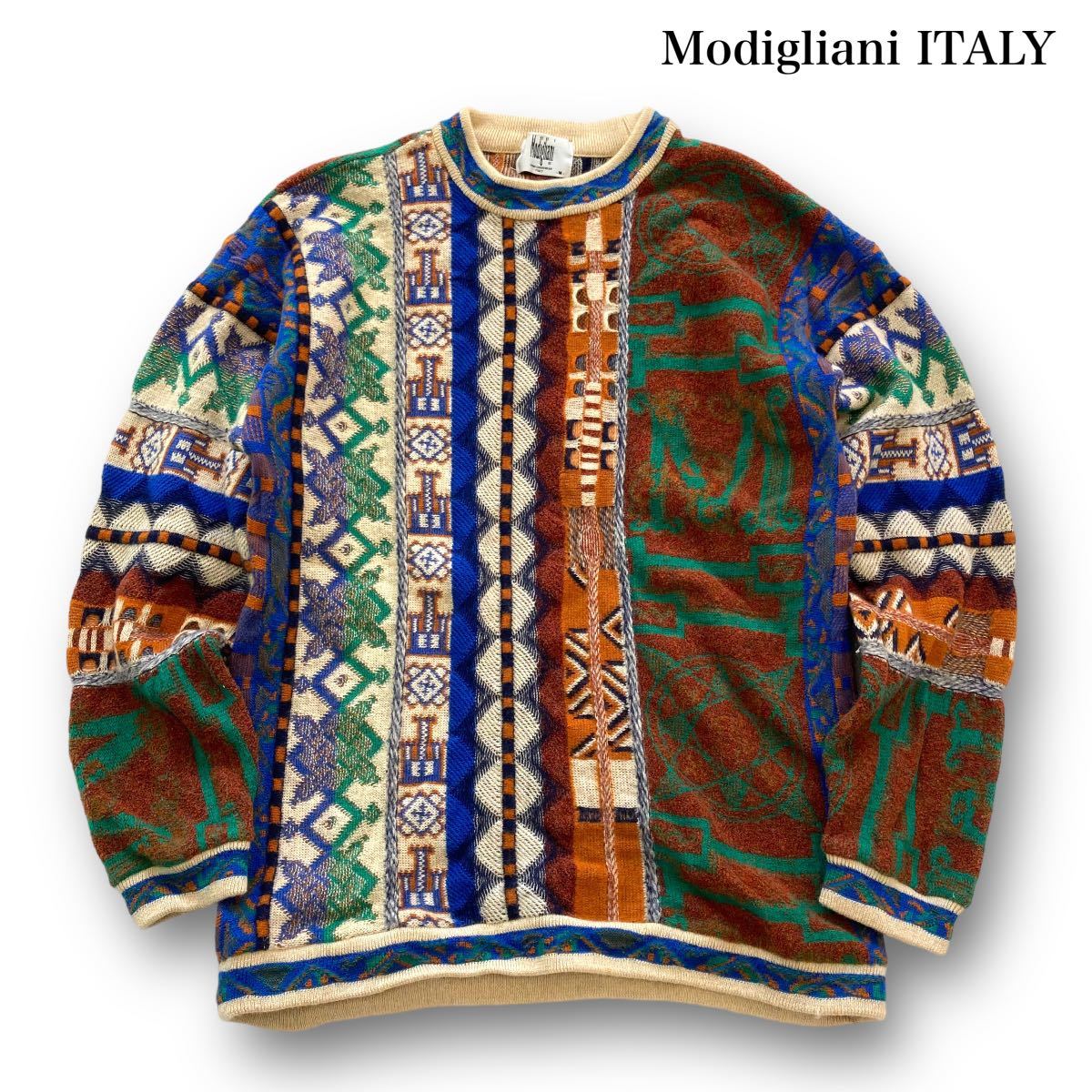 【Modigliani】モディリアーニ ヴィンテージ ニットセーター 立体編み ウールニット ビンテージ イタリア製 90s 90年代 3Dセーター  総柄 M