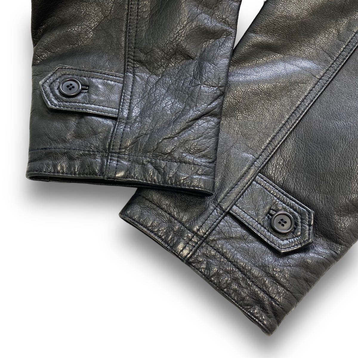 【Vintage Leather Jacket】90s 牛革 レザージャケット 90年代 黒 ブラック ヴィンテージ 古着 キジ柄 内張総柄  ジップアップ ポケット (L)