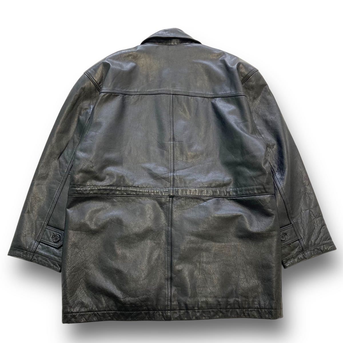 【Vintage Leather Jacket】90s 牛革 レザージャケット 90年代 黒 ブラック ヴィンテージ 古着 キジ柄 内張総柄  ジップアップ ポケット (L)