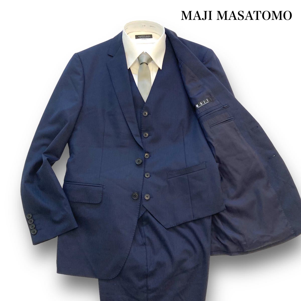 【MAJI MASATOMO】AOKI アオキ スリーピーススーツ セットアップ ストライプ セットアップスーツ ネイビースーツ シルクブレンド  (A5)
