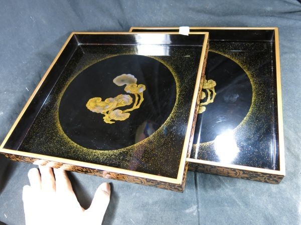 2024特集 A 茸研出蒔絵盆一対 江戸時代後期~明治時代 漆工 漆器 椎茸 盆