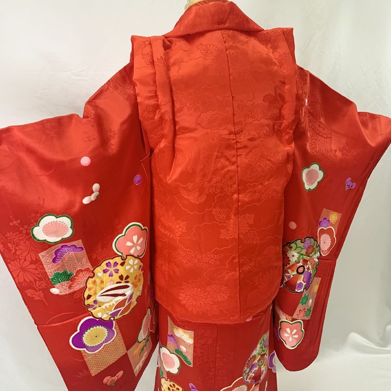 * кимоно March * "Семь, пять, три" три лет женщина . кимоно &. ткань & длинное нижнее кимоно слива снег колесо .... красный * не использовался товар 310ag55