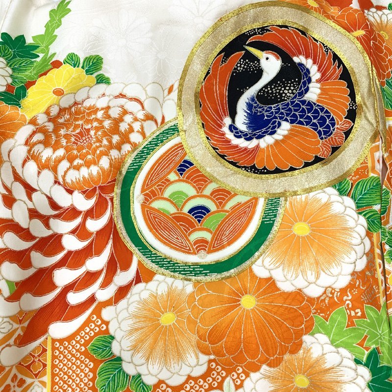 * kimono March *.. three . woman . festival . put on kimono production put on .. put on long kimono-like garment attaching The Seven-Five-Three Festival also gold piece embroidery crane orange color * beautiful goods 310ax78