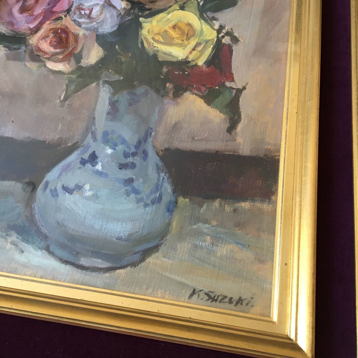 油絵 サイン有り 真作 K.SUZUKI 油彩 F6 額装 花 薔薇 油画 絵画 油絵 サイン有り 真作 K.SUZUKI 油彩 F6 額装 花 薔薇 油画 絵画
