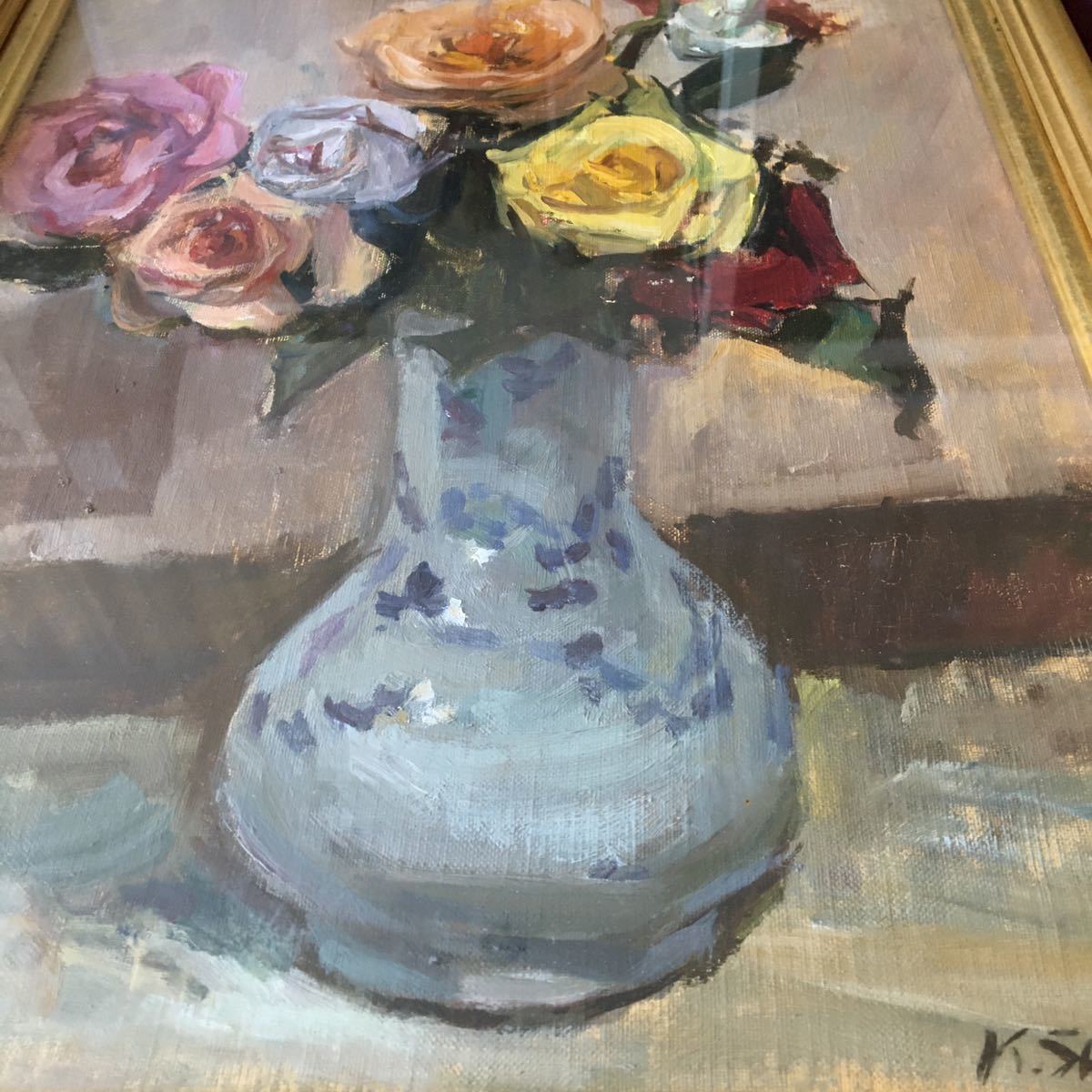 油絵 サイン有り 真作 K.SUZUKI 油彩 F6 額装 花 薔薇 油画 絵画 油絵 サイン有り 真作 K.SUZUKI 油彩 F6 額装 花 薔薇 油画 絵画