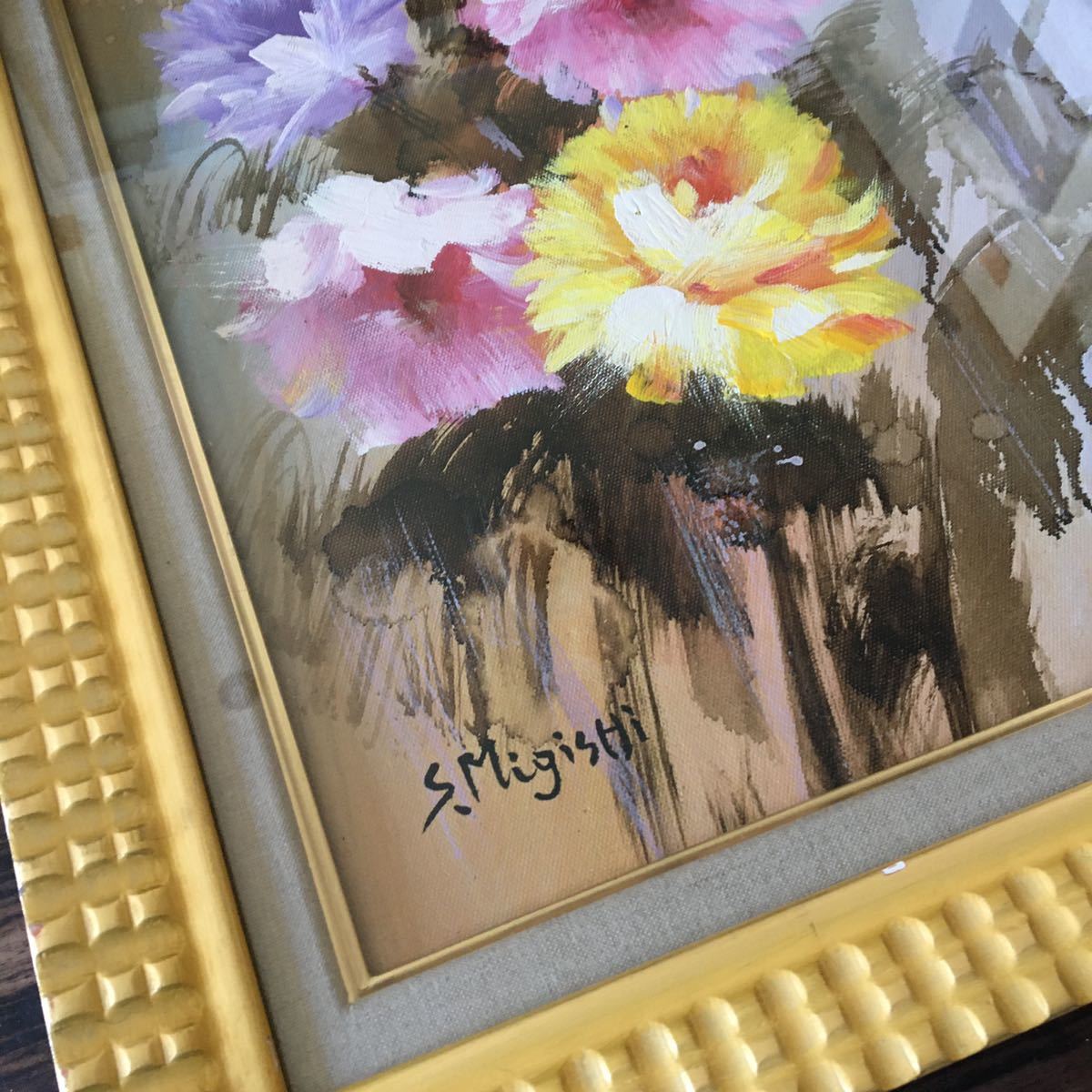 三岸節子「花」油彩F6 額装 三岸黄太郎鑑定シール 裏サイン 真作 油絵