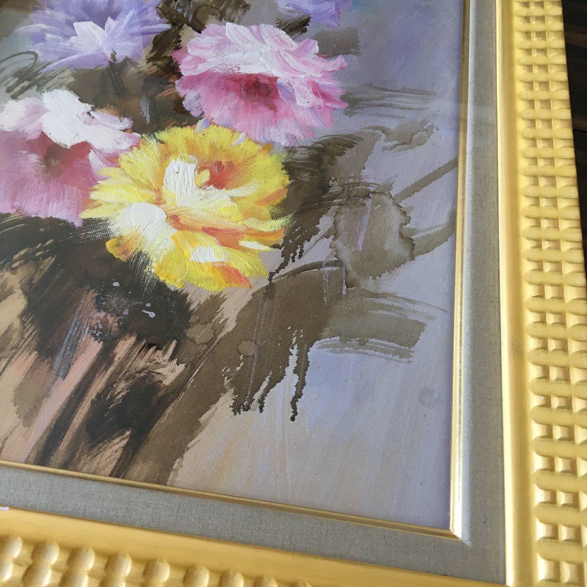 三岸節子「花」油彩F6 額装 三岸黄太郎鑑定シール 裏サイン 真作 油絵