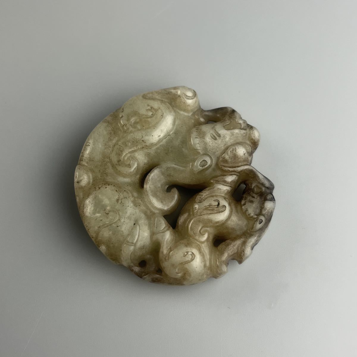 中国美術 和田玉 白玉 玉石 細密彫刻 玉壁 共箱 中國古玩 唐物 時代物