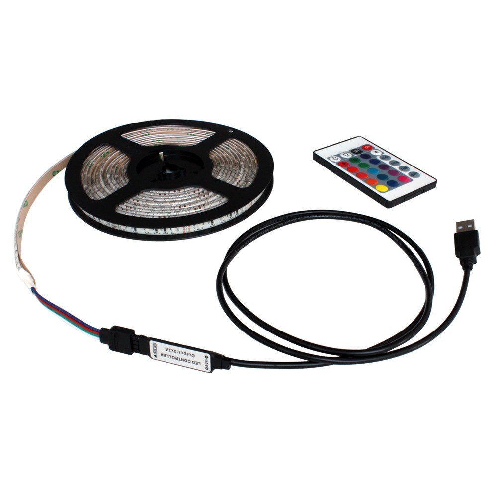 USB 流れる LED防水テープライト400cm RGB/カラフル[3528 SMD] 24キーリモコン型 白ベース DC5V_画像1
