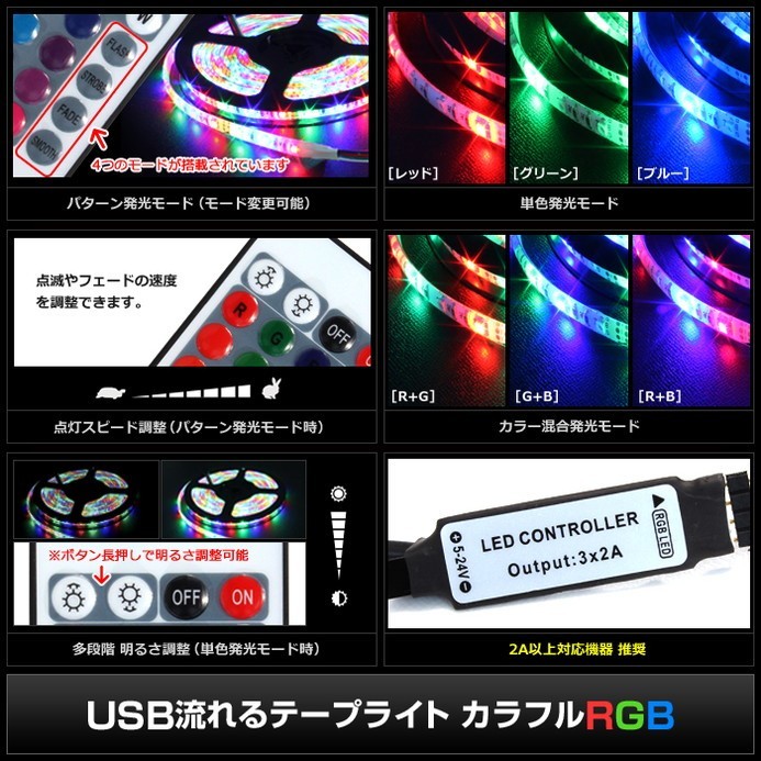 USB 流れる LED防水テープライト400cm RGB/カラフル[3528 SMD] 24キーリモコン型 白ベース DC5V_画像3