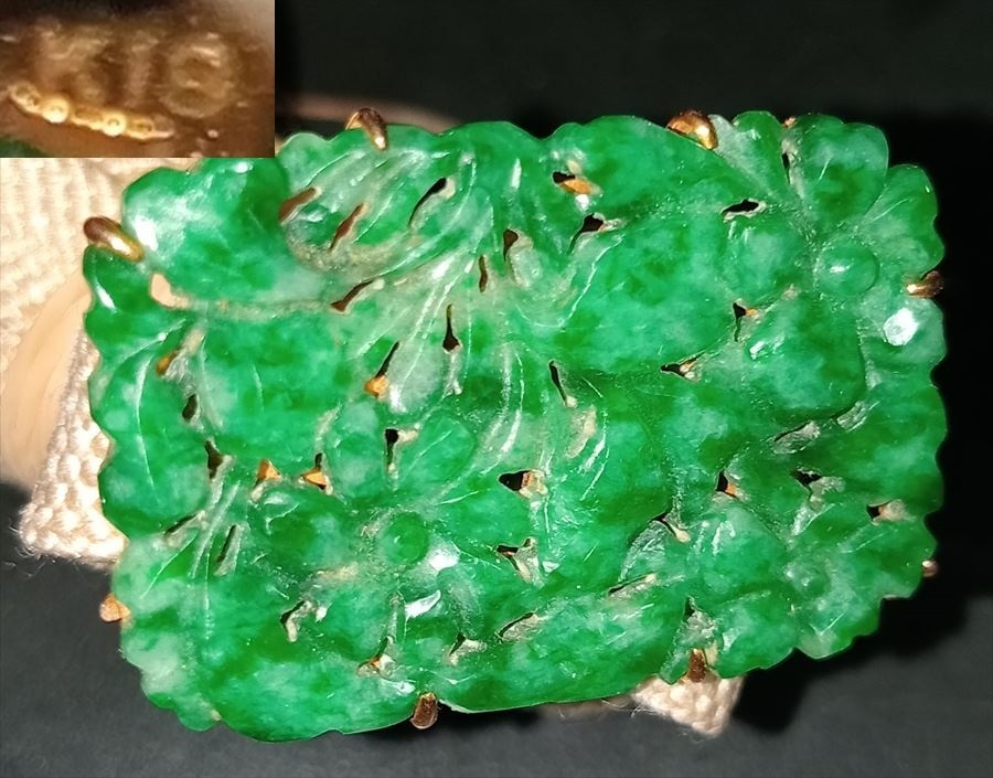 深緑感　本翡翠　帯留　K18　金18　重約17g