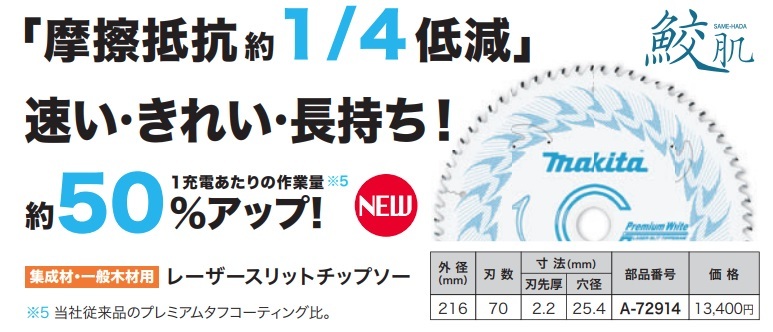 在庫 マキタ 鮫肌 プレミアムホワイトチップソー A-72914 外径216mm 刃数70 レーザースリット チップソー makita_画像2