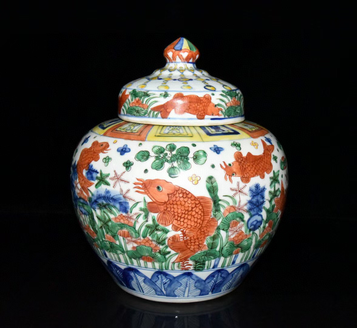 ▽鴻▽明 嘉靖年製款 五彩 魚草紋 蓋罐 古陶瓷品 置物 古賞物 中国古玩 中国古美術