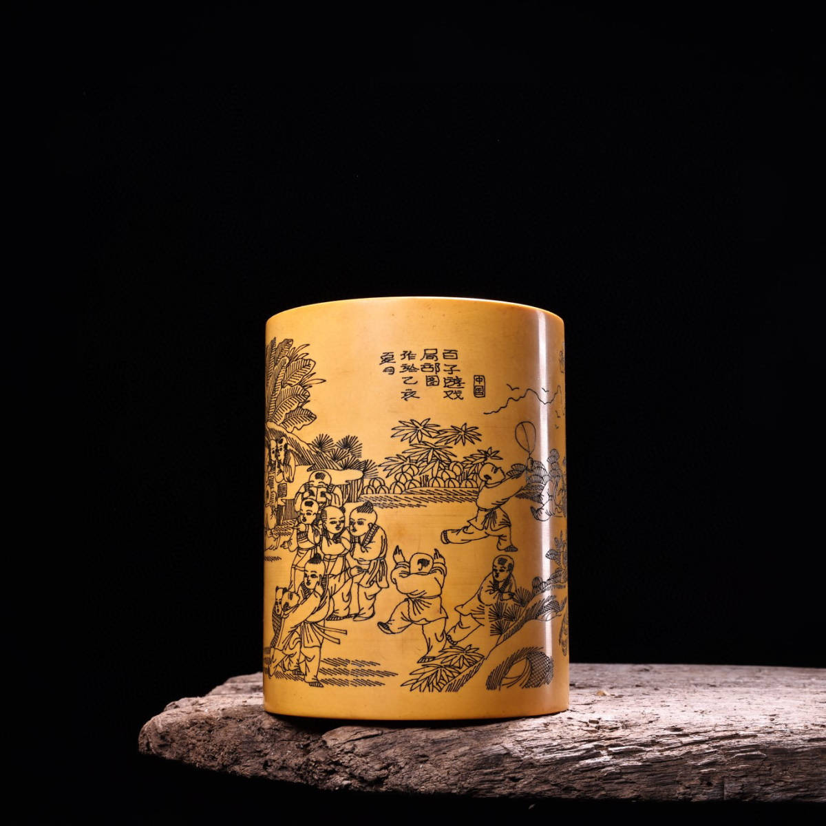 ▽鴻▽牙材細密彫 百子紋 筆筒 置物 古賞物 中国古玩 中国古美術-
