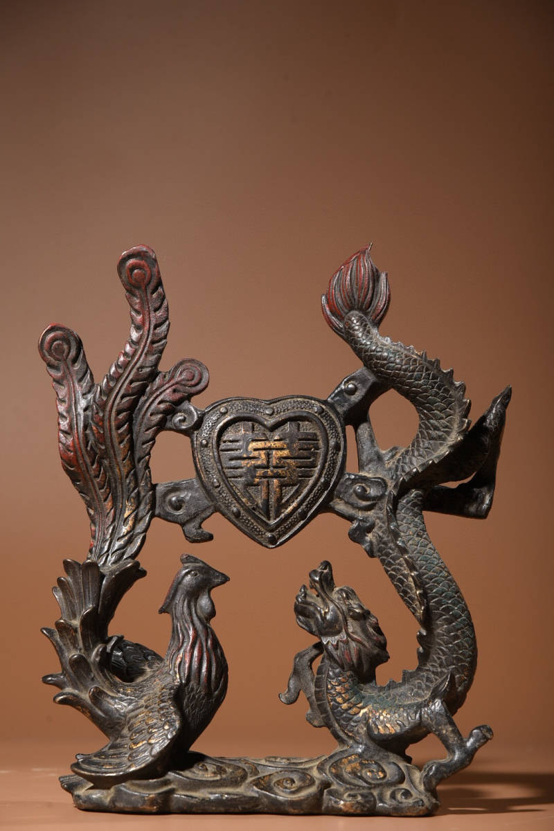 高品質 ▽鴻▽ 銅製 中国古美術 中国古玩 古賞物 置物 龍鳳呈祥 拓金 その他