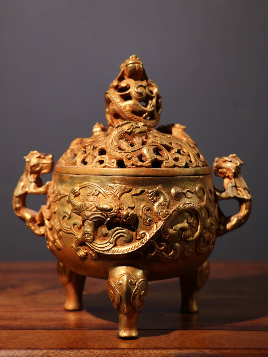 熱販売 塗金 銅製 ▽鴻▽ 雙獣耳 中国古美術 中国古玩 古賞物 置物 龍