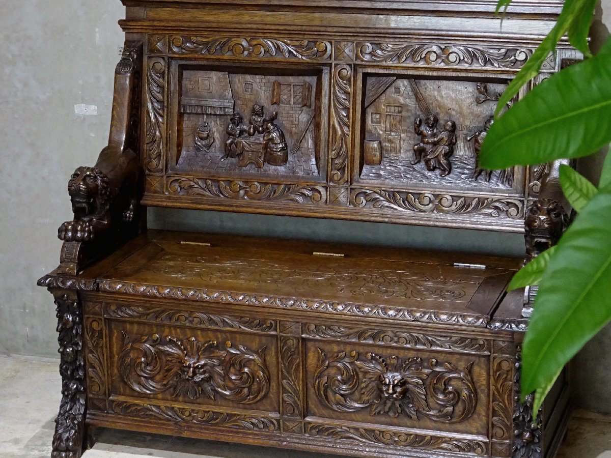 【開】英国アンティーク 19世紀後期ヴィクトリア朝 オーク材 木彫装飾 モンクスベンチ Box Bench 横幅121cm♯16