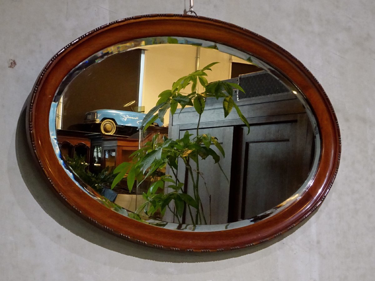 【開】1930年代頃 英国アンティーク マホガニー材 木彫装飾 面取り鏡 オーバルミラー ウォールミラー ドレッシングミラー♯16