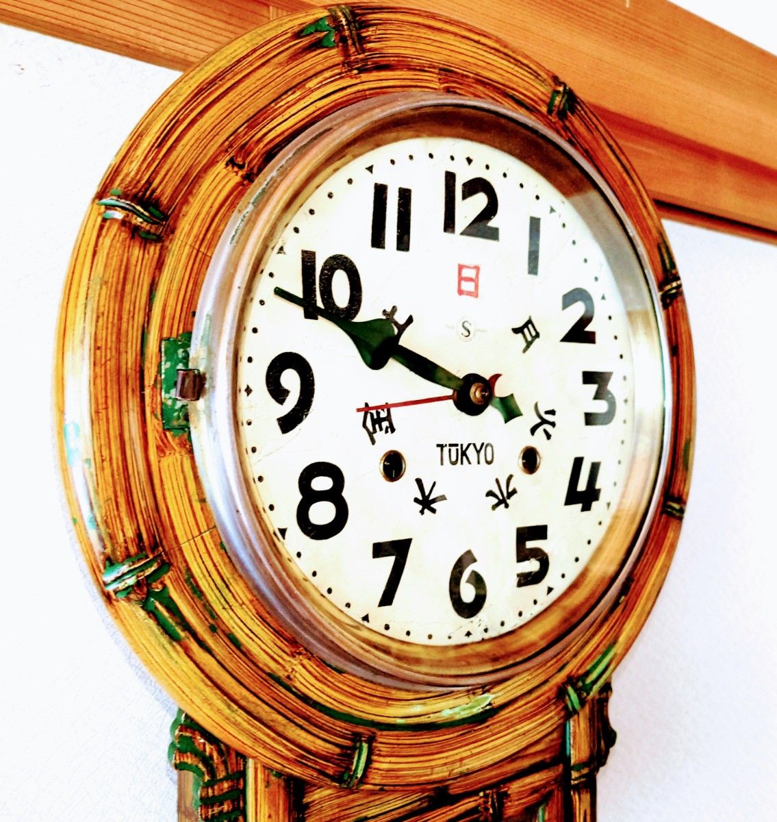 OH済完動美品〉舘本時計 カレンダー付竹形彫 頭丸型ゼンマイ振り子時計