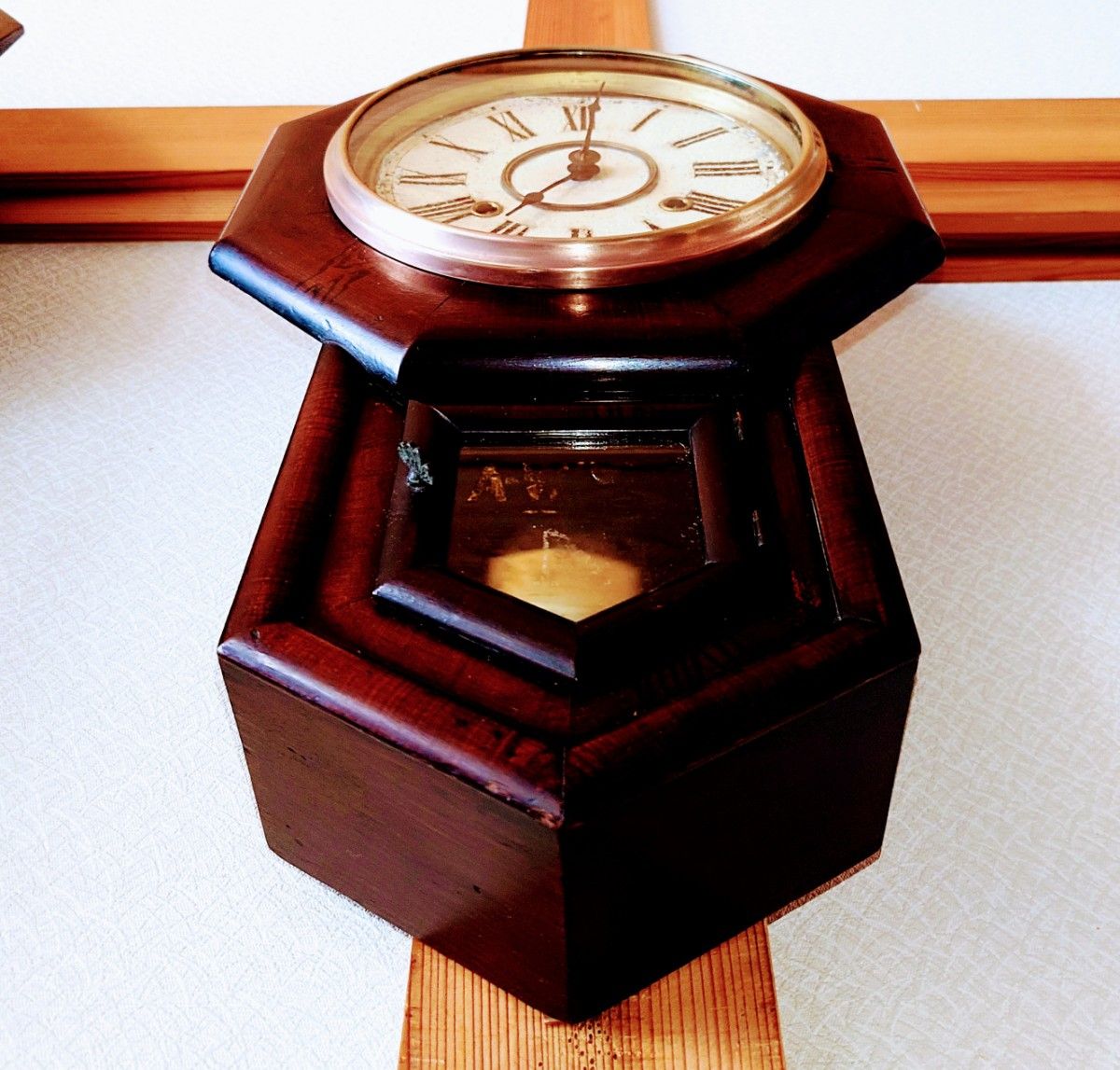 完動・美品〉日本時計 八吋八角合長ゼンマイ振り子時計 アンティーク古 