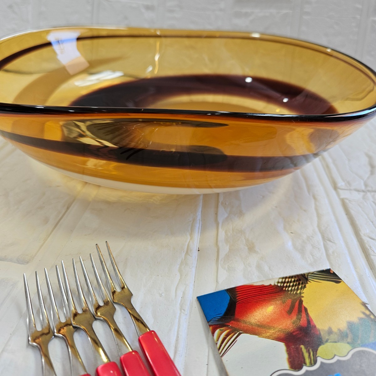 【未使用】盛皿　フルーツ皿　ガラス皿　マルティグラス　フォーク付き　ガラス　食器　コレクション_画像4