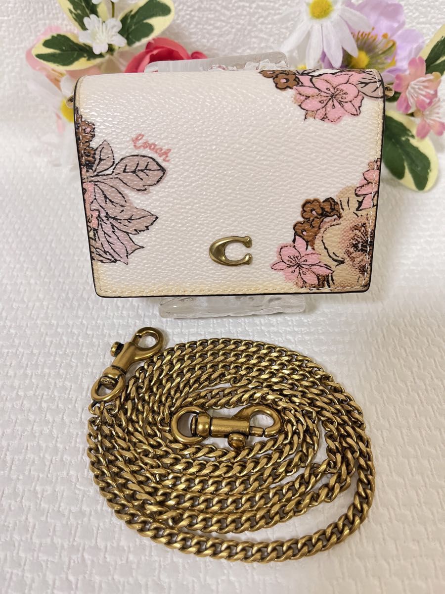 【美品】COACH コーチ 花柄 チェーンウォレット コインケース カードケース 小銭入れ ショルダーチェーン付き 