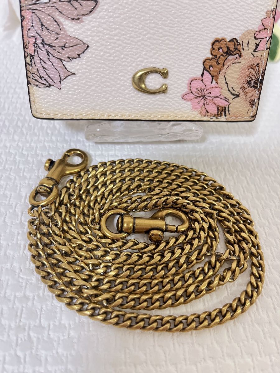 【美品】COACH コーチ 花柄 チェーンウォレット コインケース カードケース 小銭入れ ショルダーチェーン付き