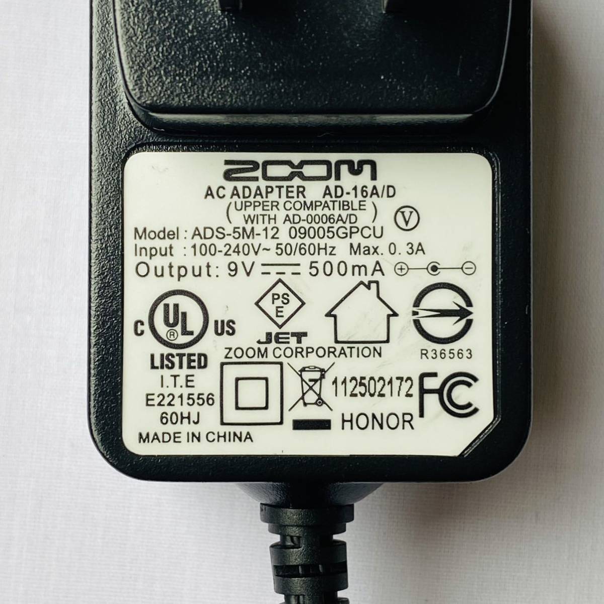 【送料無料】ZOOM ズーム AD-16A/D ADS-5M-12 09005GPCU ACアダプター 9V 500mA 純正品 中古 動作確認済み_画像3