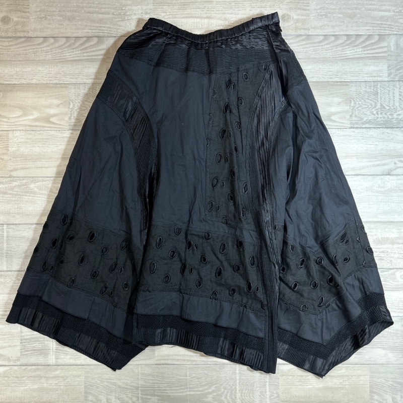 EIKO KONDO/エイココンドウ/異素材ミックスアシンメトリーパターン/再構築フレアスカート/ブラック/フリーサイズ/ロングスカート