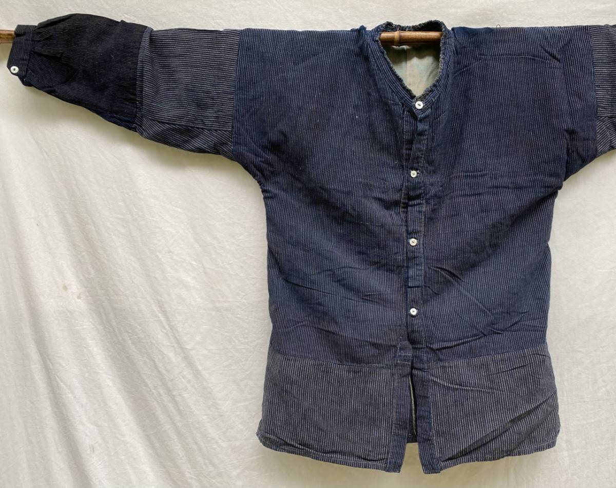 絶品 超絶 明治期 大正期 ストライプ 縞 シャツ もめん 継ぎ接ぎ シャツ 藍染 浅葱 ジャパンヴィンテージ JAPAN VINTAGE 和服 20s30s 襤褸